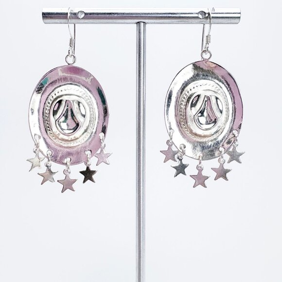 VTG Solid Sterling Silver 925 Cowboy Hat & Star Dangle Earrings 2" Length - Picture 1 of 10